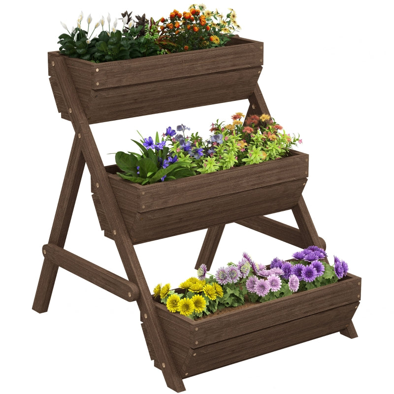 3 Tier Wooden Elevated Planter Box Kit - 66L for Flowers, Vegetables, Herbs - Tan - 65x75x78cm