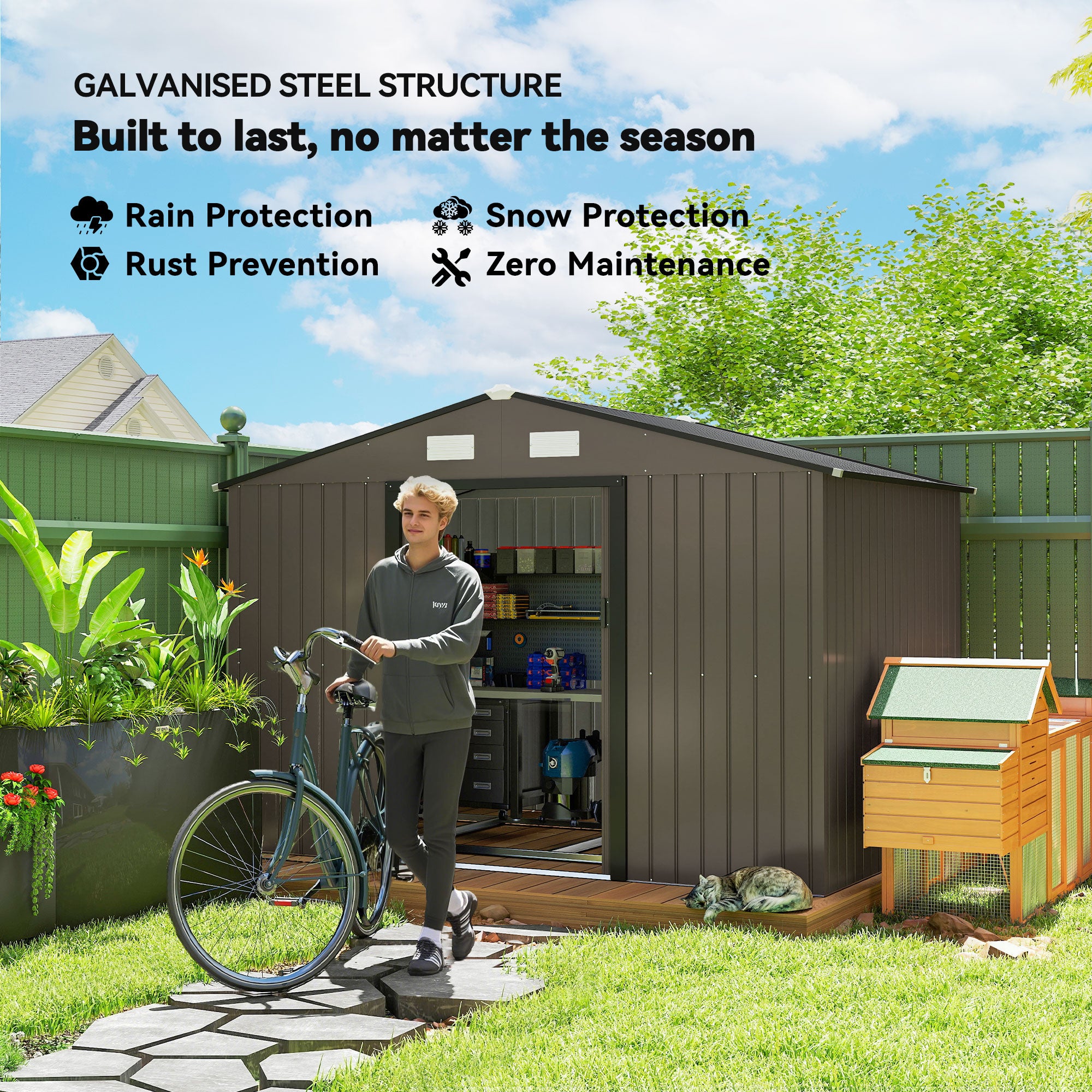 9ft x 6ft Outdoor Garden Storage Oasis with Foundation, Ventilation, and Rustic Brown Doors
