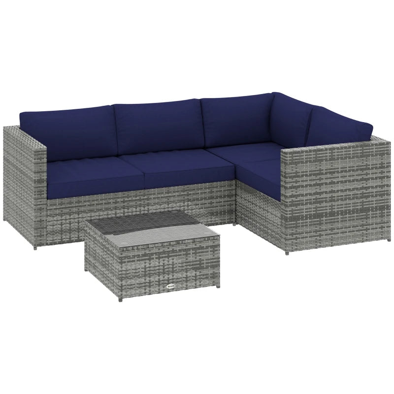3 Piece Rattan Garden Furniture Set with Thick Cushions and Glass Top Coffee Table