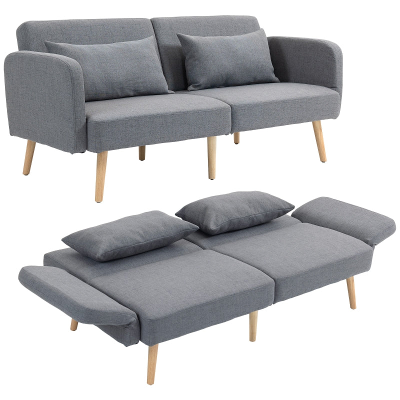 Grey Two-Seater Click-Clack Sofa Bed with Cushions for Space-Saving Comfort and Style