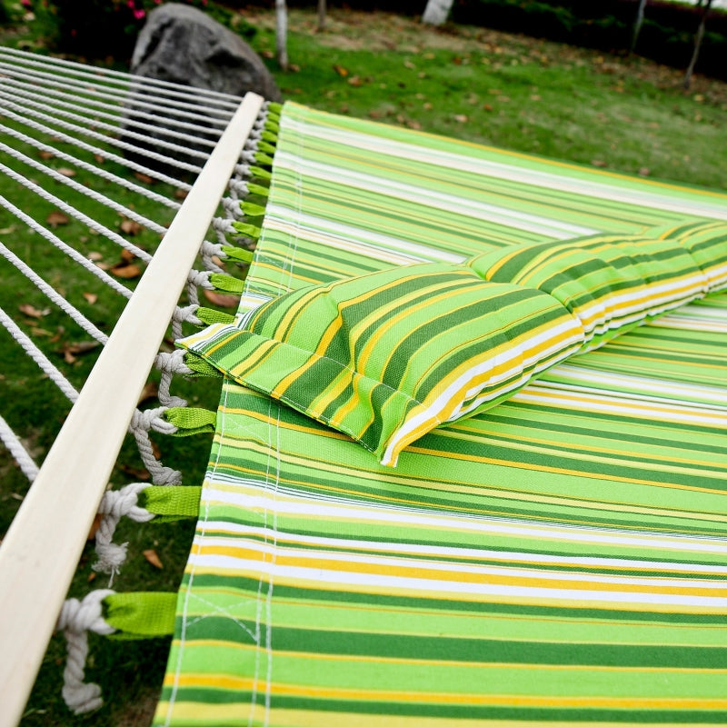 Green Striped Double Cotton Hammock with Pillow - Outdoor Swing Bed 188L x 140W (cm)