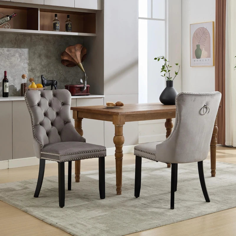 Set of 2 Grey Velvet Dining Chairs with Knocker Ring, Button Tufted Backrest & Rubber Wood Legs - Stylish & Comfortable
