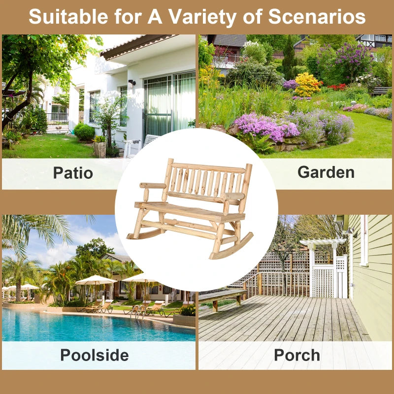 Natural Wood 2-Seater Rocking Bench Loveseat - Rustic Style