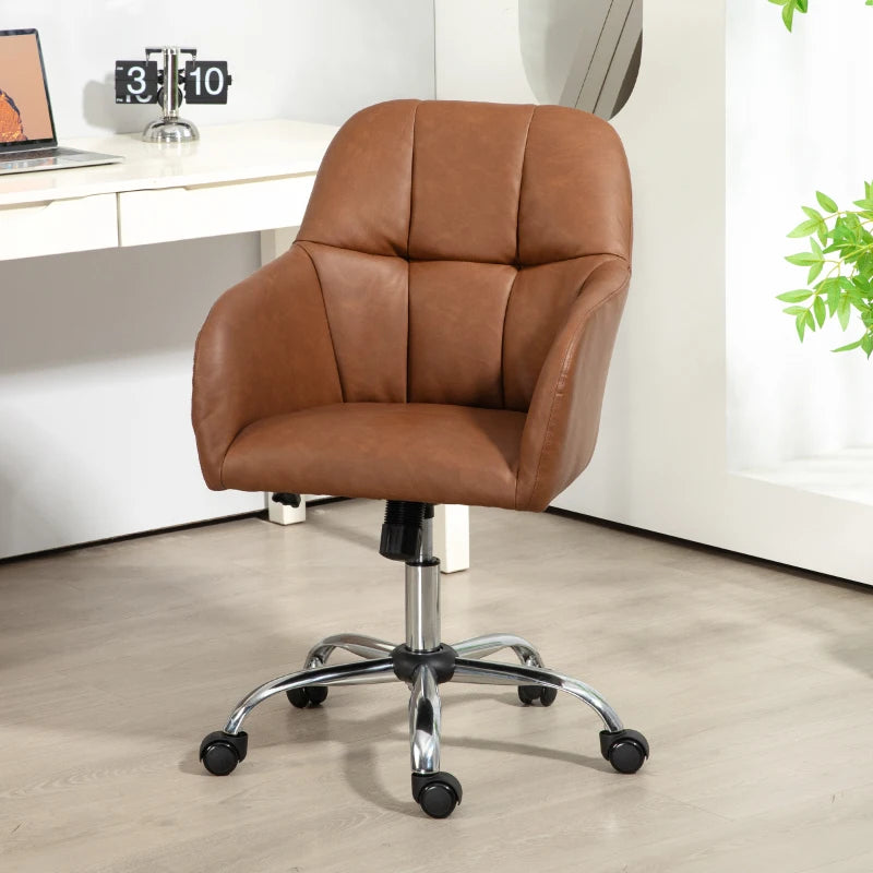 Stylish Brown Faux Leather Tub Office Chair with Wheels - Comfortable Ergonomic Design for Home or Office Use