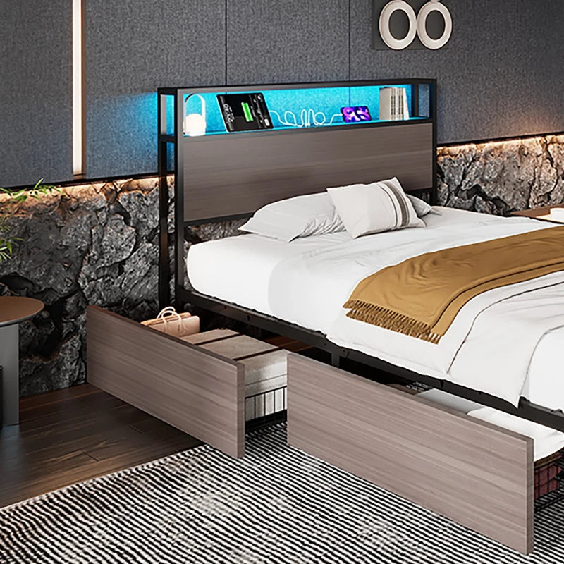 Metal Single Bed with LED Light Strip, 4 Drawers & 3 USB Ports - Stylish Grey Bedroom Furniture, 207x90.5x105 cm