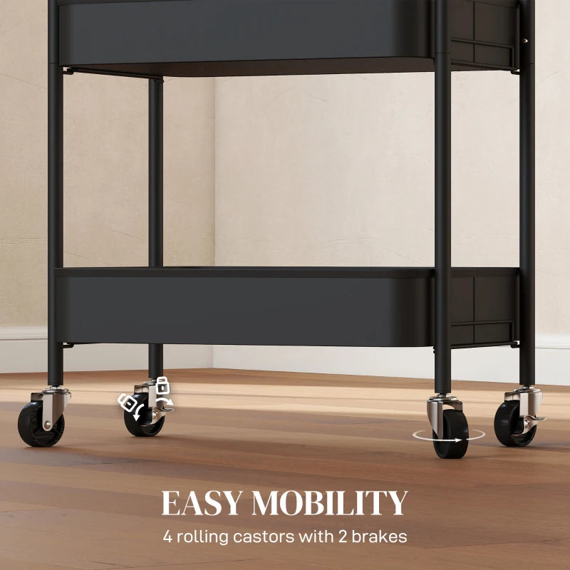 Three-Tier Black Steel Storage Trolley - Versatile Rolling Cart for Kitchen, Office, or Home Organization