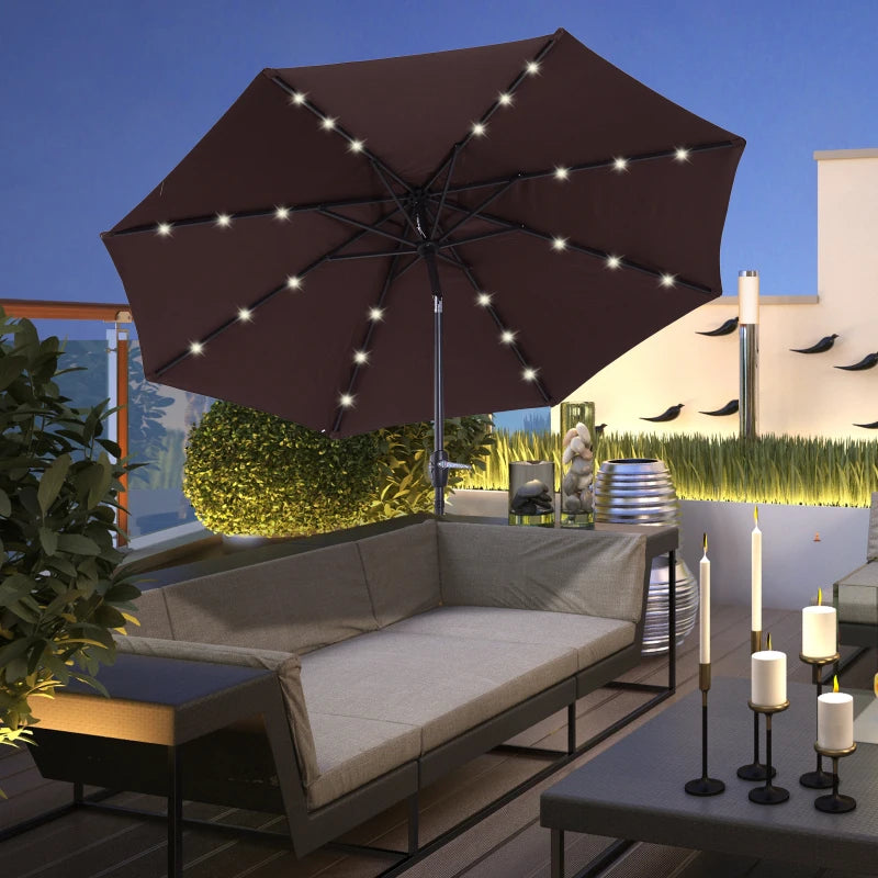 Brown Solar LED Light Tilt Patio Umbrella with Hand Crank - 2.7m