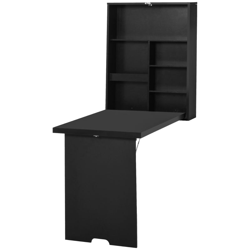Folding Wall-Mounted Drop-Leaf Table with Chalkboard & Storage Shelf - Multifunctional Floating Desk for Home Office - Black
