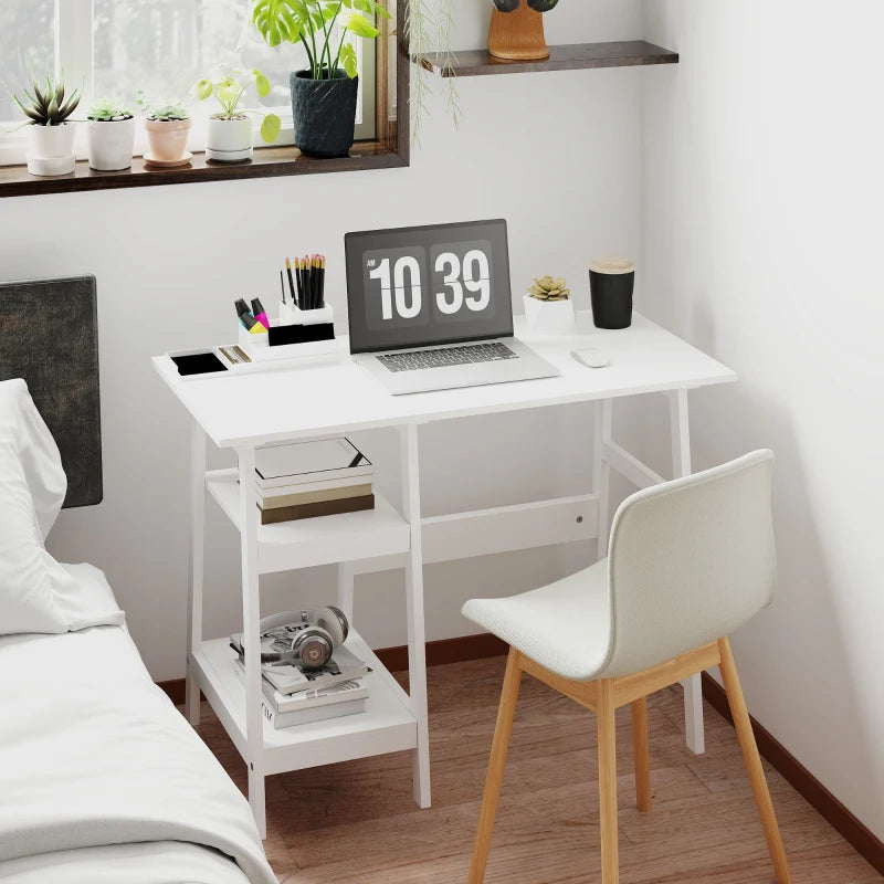 Compact White Computer Desk with Storage Shelves - Study Table & PC Workstation for Home Office, Easy Assembly, 106x51cm