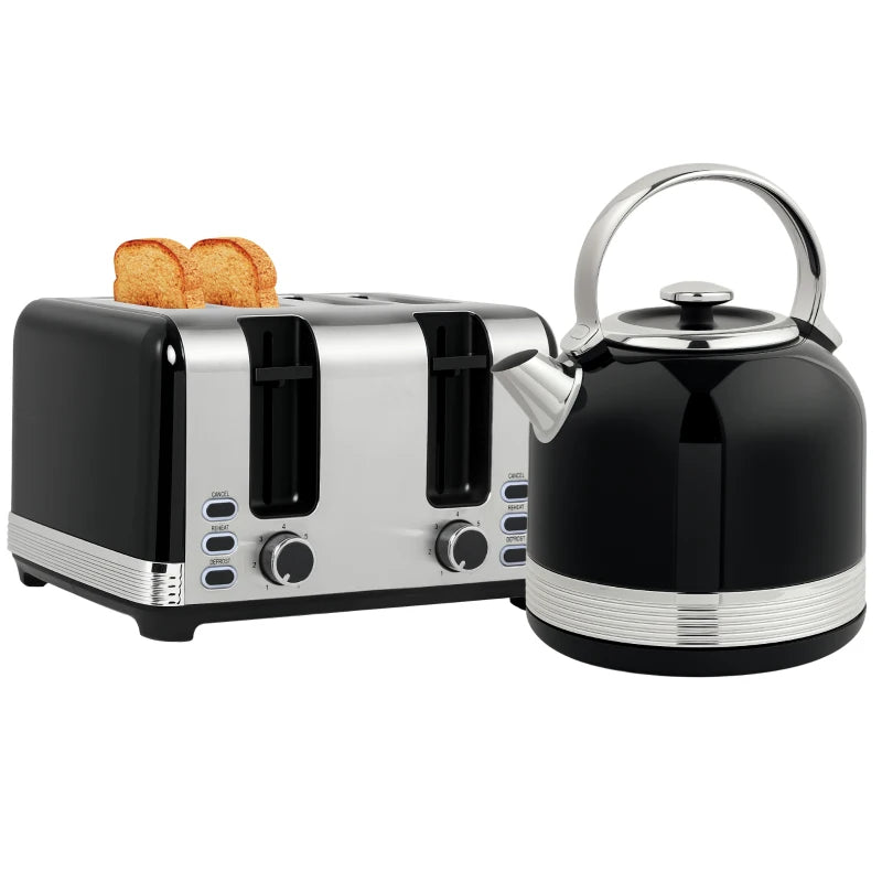 Polished Black Stainless Steel Kettle and Toaster Set - Stylish Kitchen Appliances for Modern Homes