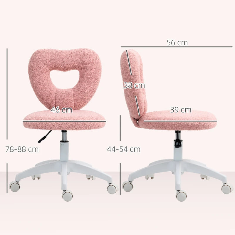 Pink Armless Heart Computer Desk Chair - Teddy Fleece Swivel Office & Makeup Vanity Chair, Height Adjustable with Wheels for Home Study