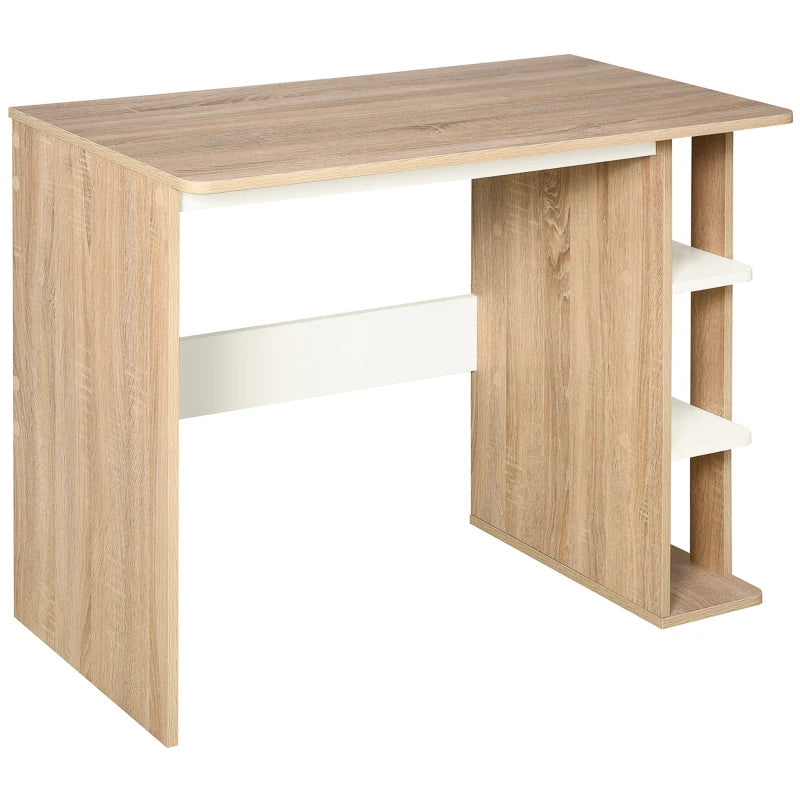 Modern Oak & White Computer Desk with 3-Tier Storage Shelf - Stylish Writing Desk for Home Office & Study
