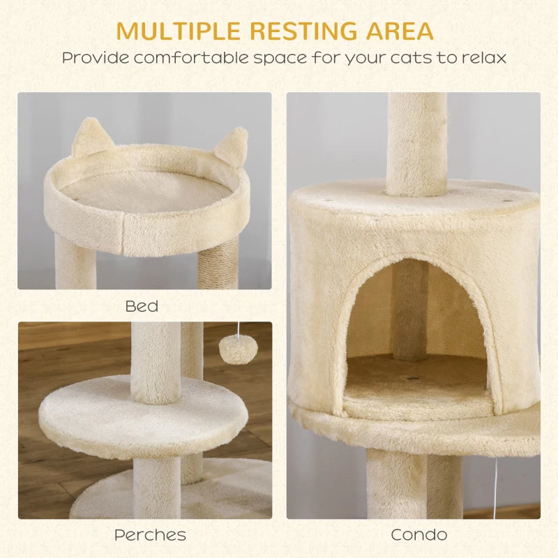 104 cm Cat Tree Condo Tower - Plush Perch, Scratching Posts & Hanging Ball - Cream White Activity Centre for Cats
