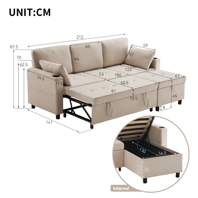 Linen Look L-Shaped Corner Sofa Bed with Storage, 3-Seater Convertible Settee with Cup Holders, Beige