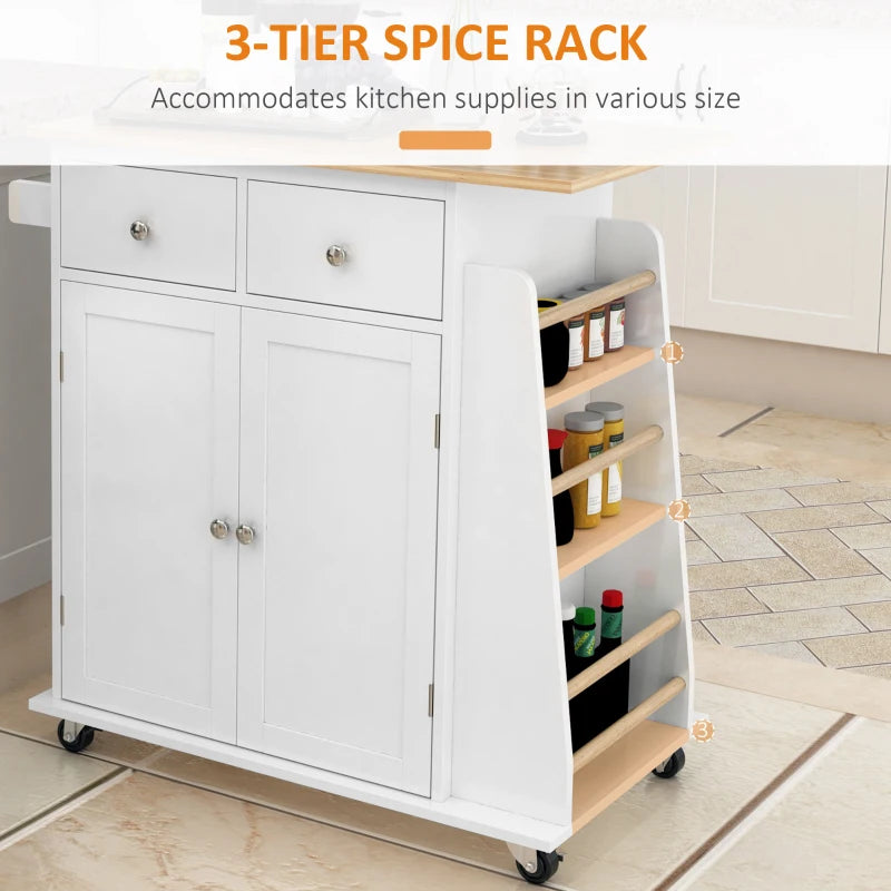 Mobile Kitchen Island on Wheels - Rolling Storage Trolley with Rubber Wood Top, 2-Door Cabinets, Adjustable Shelf & Spice Rack