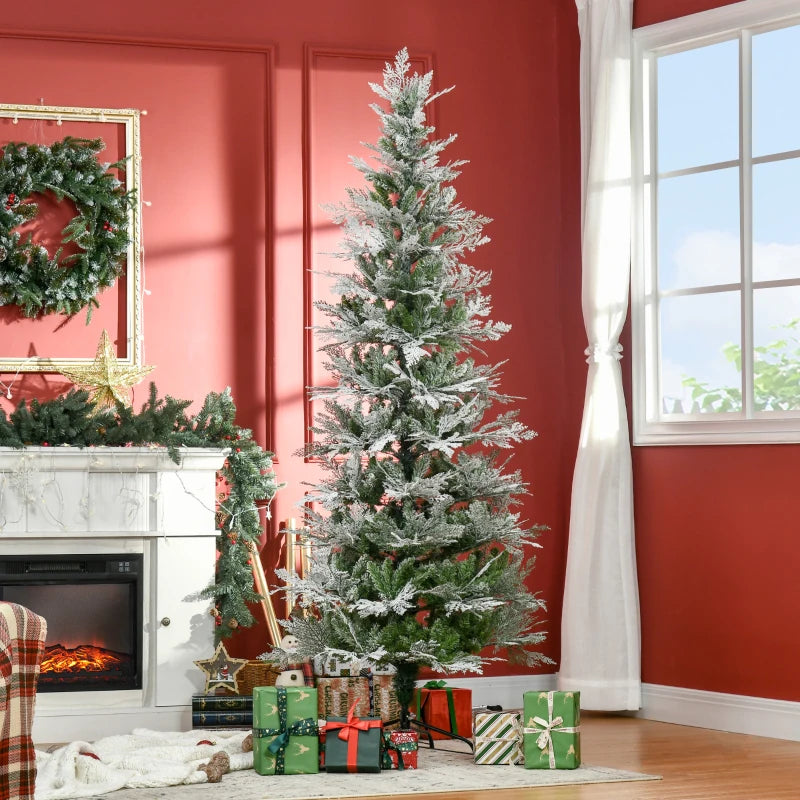7 Ft Snow Flocked Artificial Christmas Tree with Realistic Cypress Branches, Auto Open, Lush Green Holiday Decor