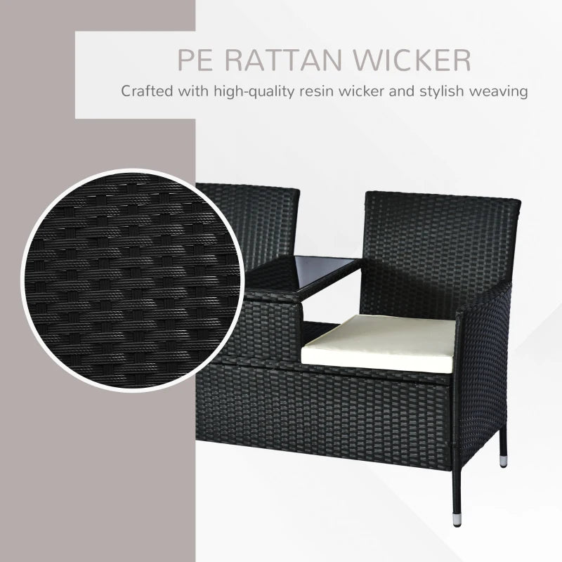 Black Rattan 2-Seater Outdoor Patio Loveseat with Drink Table