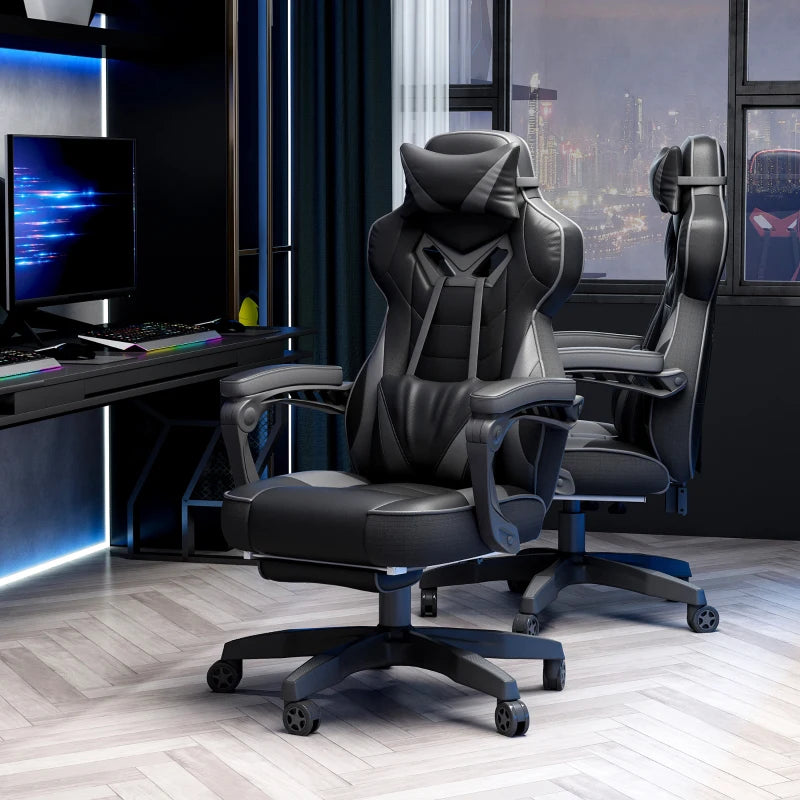 Vinsetto Grey Gaming Chair with Lumbar Support & Footrest - PU Leather Racing Desk Chair with Headrest & Swivel Wheels