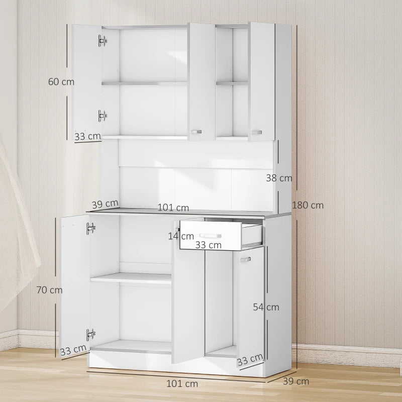 Freestanding White Kitchen Storage Cabinet with 6 Doors Adjustable Shelves and Open Countertop