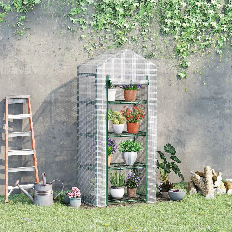 Compact White 4 Tier Mini Greenhouse with Steel Frame and Roll-up Door