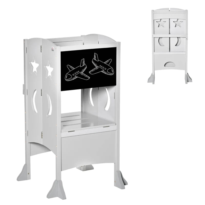 Kids Step Stool with Blackboard & Lockable Handrail - Toddler Kitchen Stool for Safe Counter Access - Grey