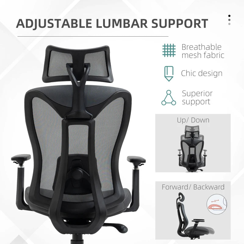 Vinsetto Ergonomic Mesh Office Chair with Adjustable Headrest, Lumbar Support, 135° Recline & 3D Armrests - Grey