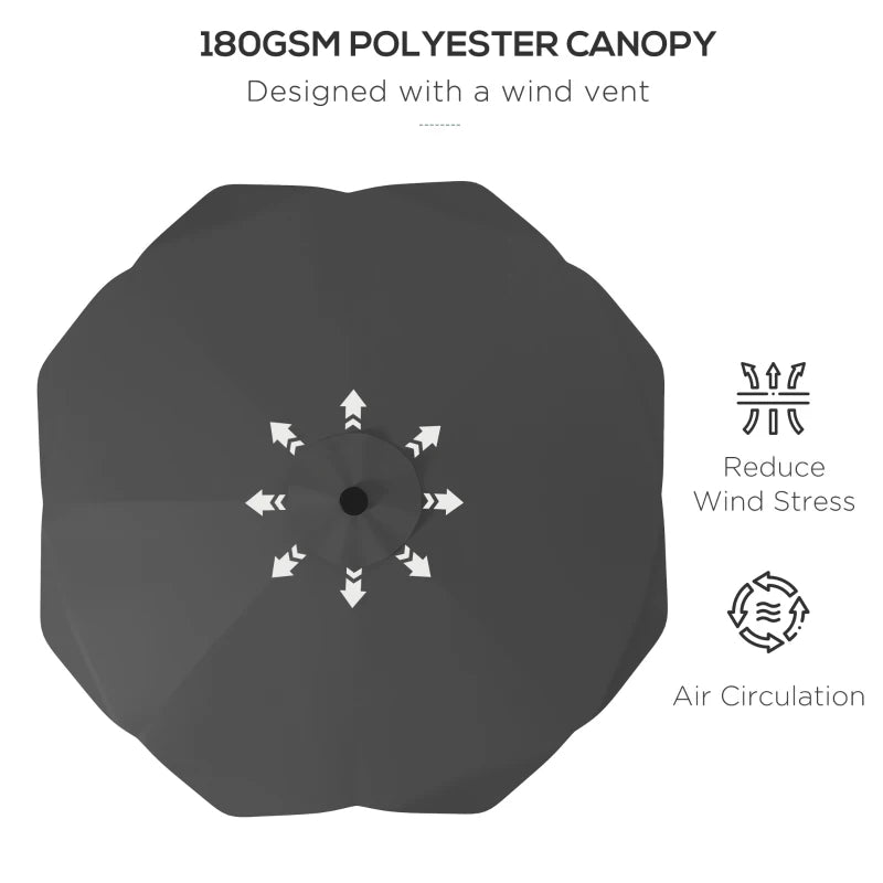 Dark Grey Solar LED Patio Umbrella, 3x3m, Tilt & Crank, Outdoor Market Parasol