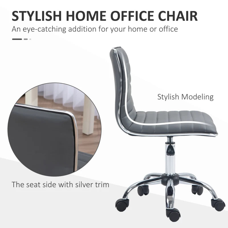 Armless Swivel Task Desk Chair - Adjustable Faux Leather Office Chair with Chrome Base & Wheels - Dark Grey