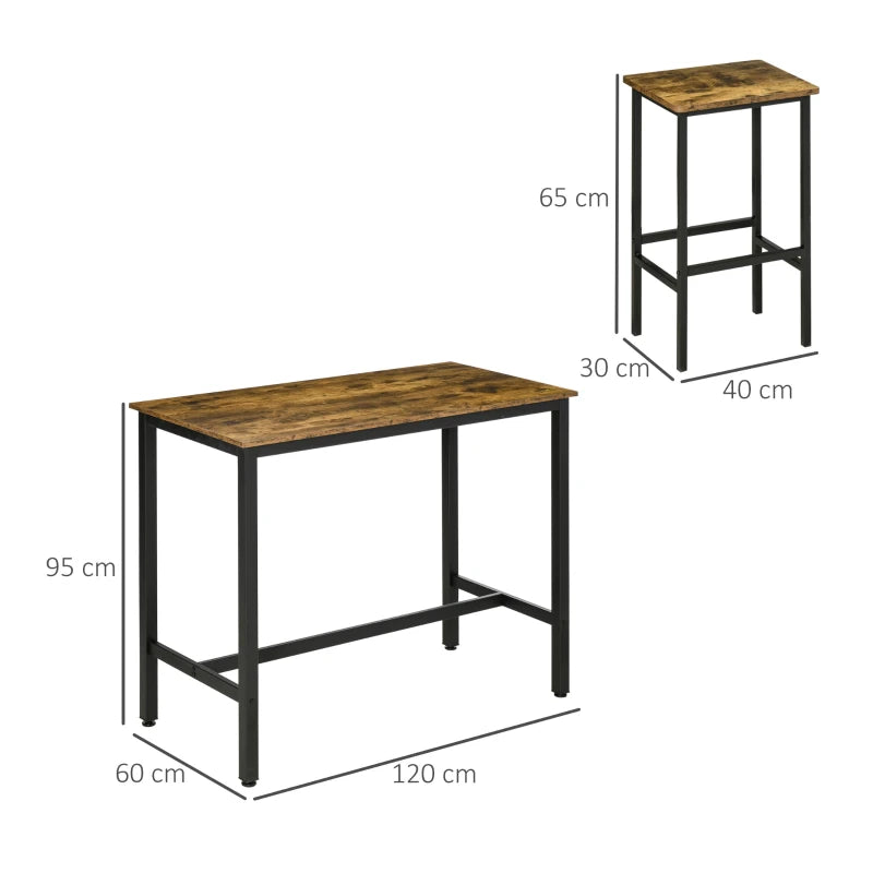 Rustic Brown 3-Piece Bar Table Set - 120x60cm Breakfast Table with 2 Stools for Kitchen & Living Room