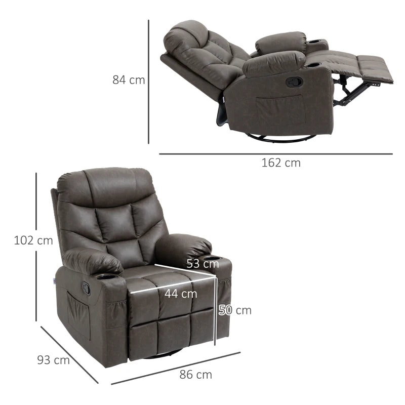 Manual Reclining Armchair with Faux Leather, Footrest and Cup Holders - Brown, 86x93x102cm