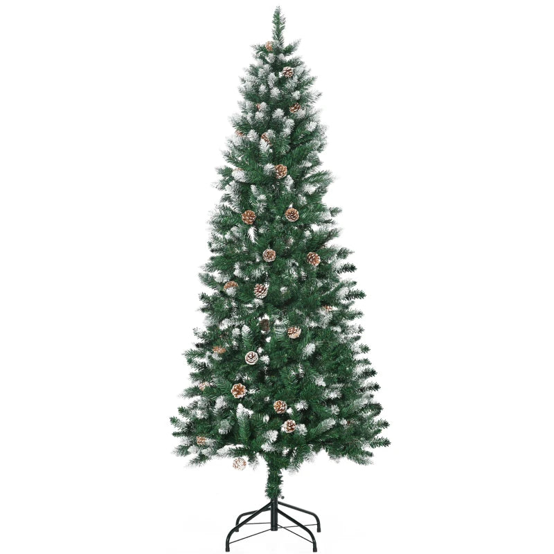6 Ft Snowy Artificial Christmas Tree with Realistic Branches & Pine Cones - Indoor Holiday Decoration in Green & White
