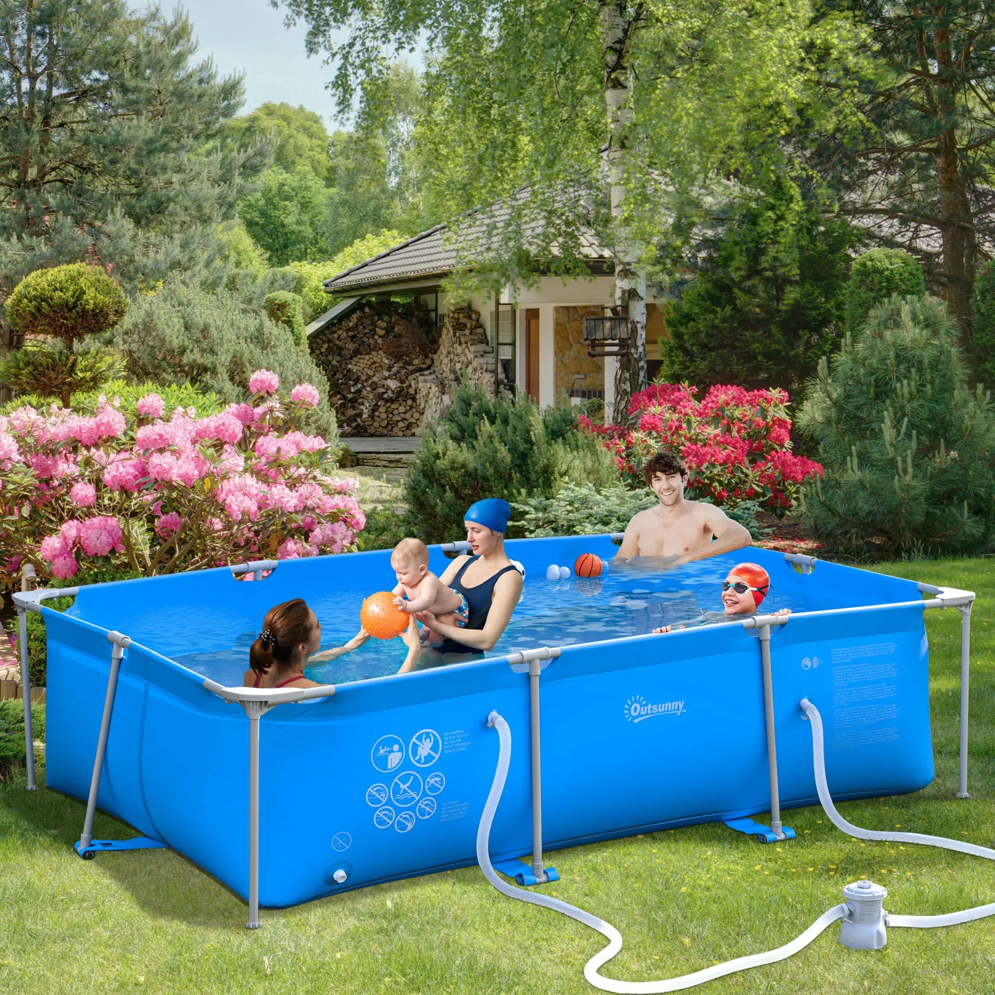 292 x 190 x 75cm Blue Outdoor Swimming Pool  With Filter Pump, Filter Cartridge & Reinforced Sidewalls