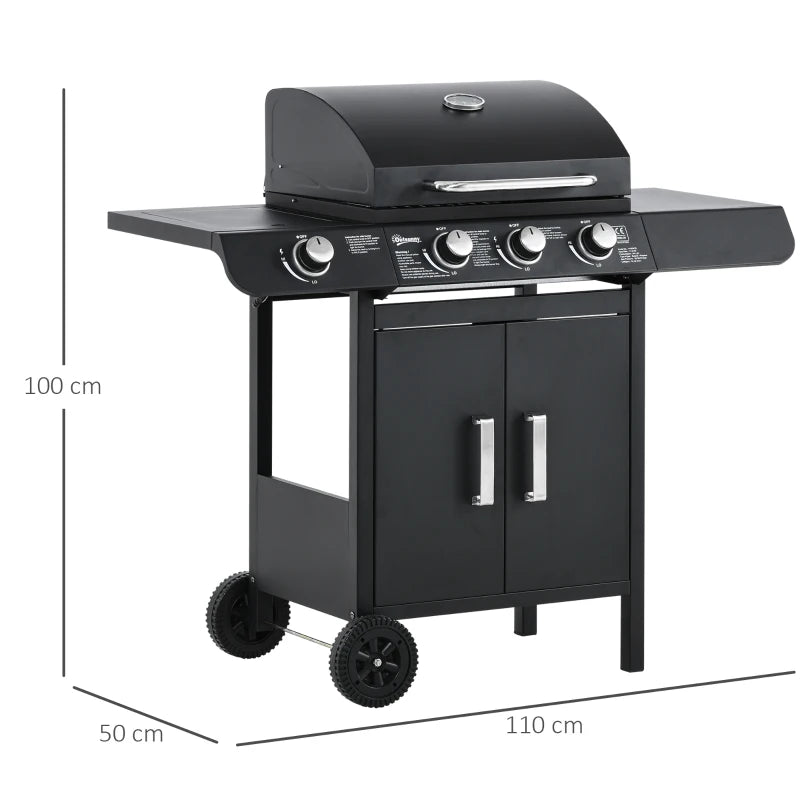 3-Burner Gas BBQ Grill with Side Burner and Storage Cabinet - Black