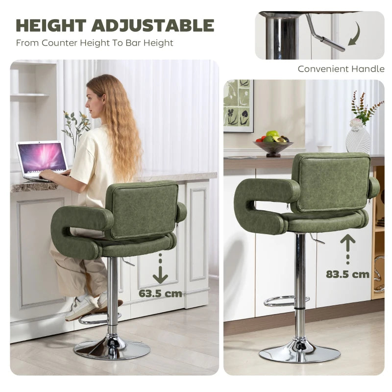 Green PU Leather Swivel Bar Stool - Height Adjustable, Upholstered with Back, Armrest & Footrest for Comfort