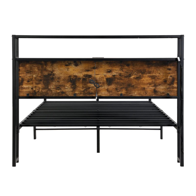 Metal Double Bed with LED Light Strip, 4 Drawers & 3 USB Ports - Black & Dark Walnut, 207.5x135x105 cm