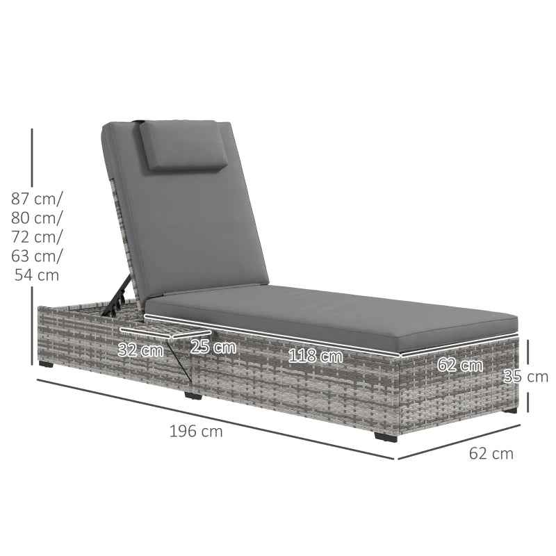 Grey Rattan Sun Lounger with Cushion & Tea Tray - 5-Level Reclining Outdoor Patio Furniture