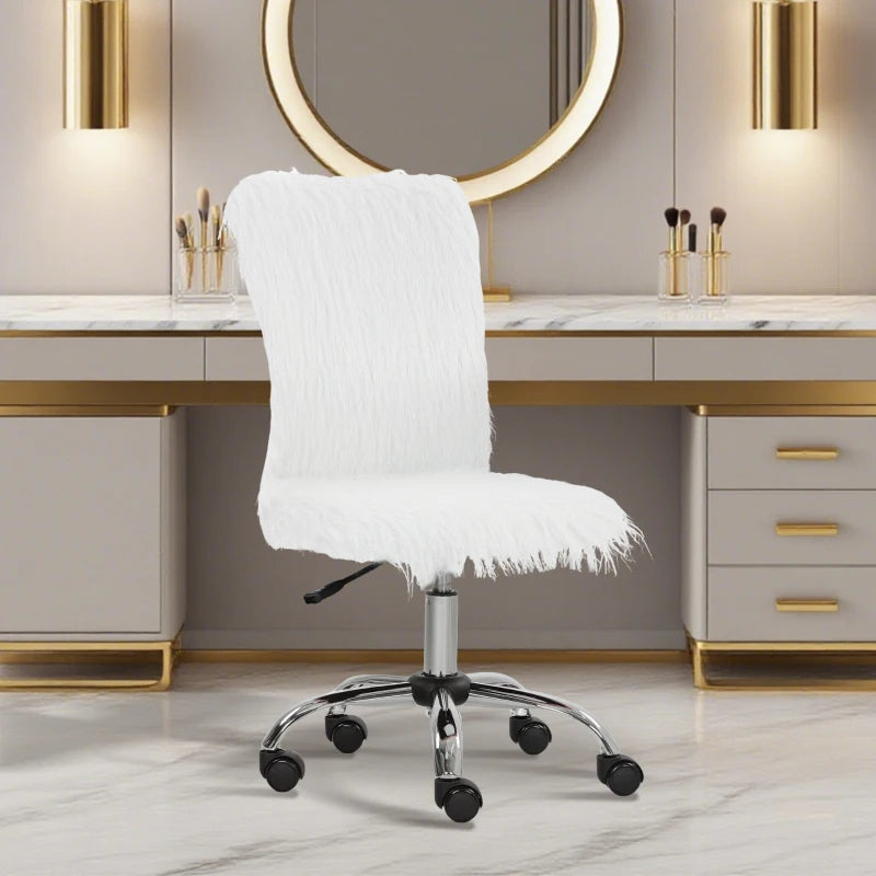 Modern White Plush Office Desk Chair - Armless Swivel Vanity Chair with Adjustable Height for Home, Bedroom & Living Room