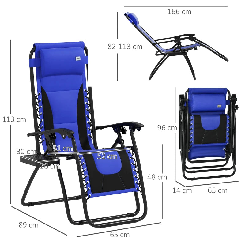 Blue Sun Lounger Chair Set of 2 - Folding Reclining Patio Chairs with Padded Seat, Cup Holder