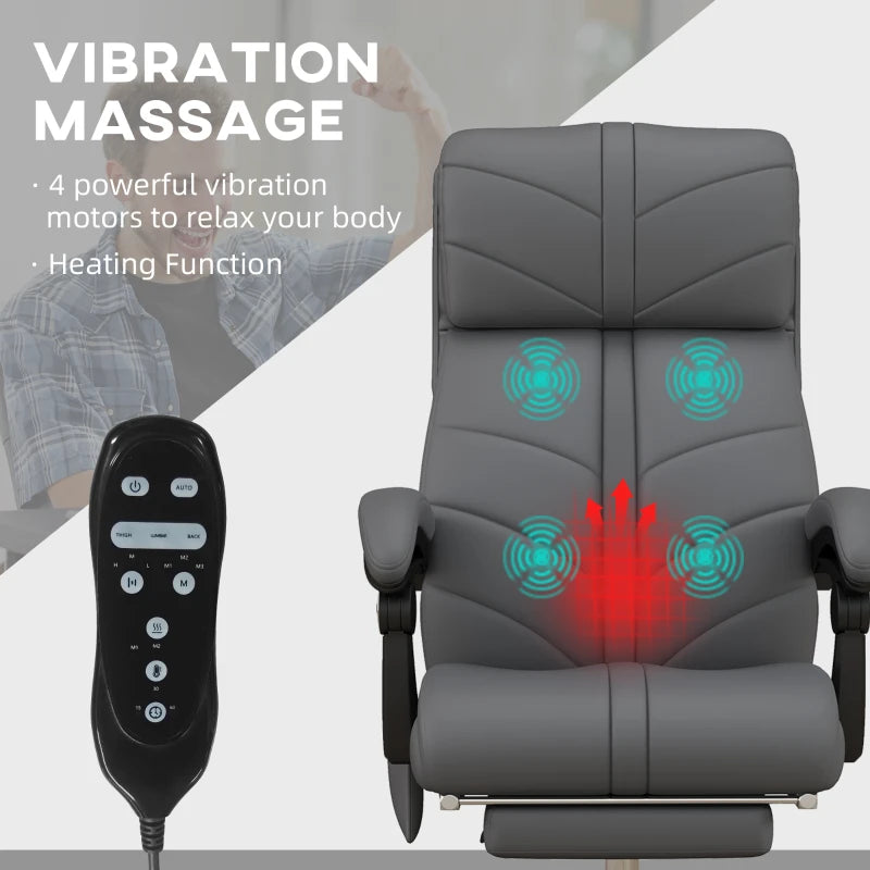 Vinsetto High Back Massage Office Chair with Heat & Footrest - Grey PU Leather Reclining Computer Chair