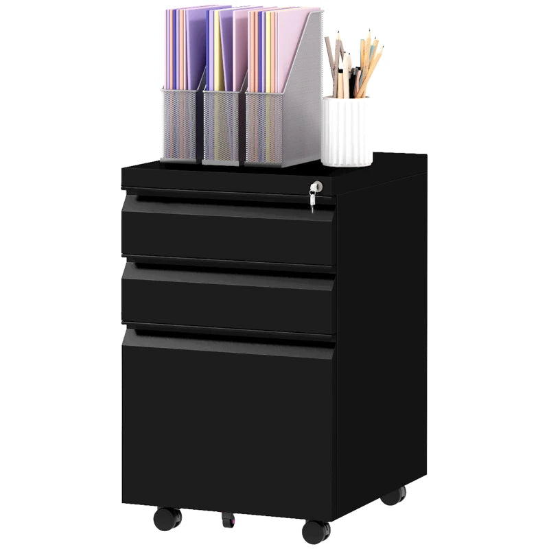 Vinsetto Mobile 3-Drawer Filing Cabinet with Lock - Steel Under Desk Storage for A4, Legal & Letter Size - Black