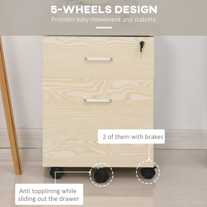 Vinsetto 2-Drawer Locking Office Filing Cabinet with 5 Wheels - Oak Wood Grain Storage for A4 Files & Home Organization