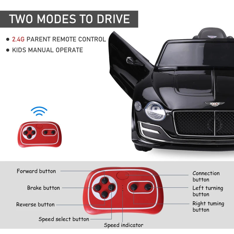 Bentley GT 12V Electric Ride-On Car for Kids with Remote Control, LED Lights & Music - Black, Ages 3-5