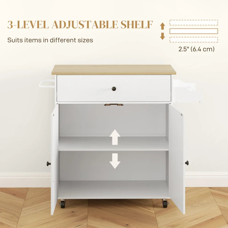 Rolling Kitchen Island with Drop Leaf - White Kitchen Storage Cart with Drawer, Spice Rack & Towel Rack
