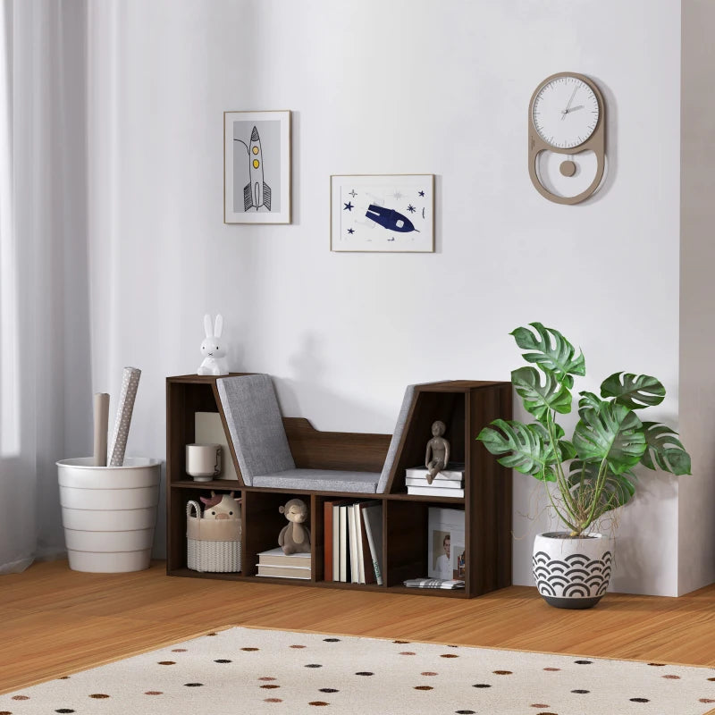 Chestnut Bookcase Storage Shelf with Cushioned Reading Seat - Cube Bookshelf Organizer for Bedroom & Living Room