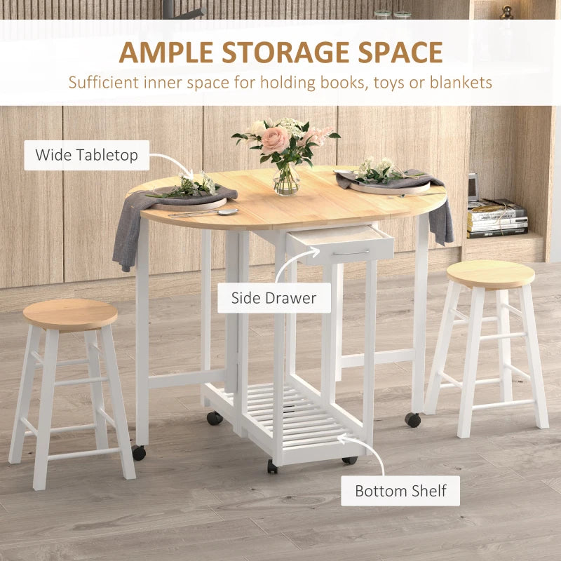 3 Piece Mobile Foldable Dining Room Set with Storage Shelf and Drawers for Home Kitchen Pub White