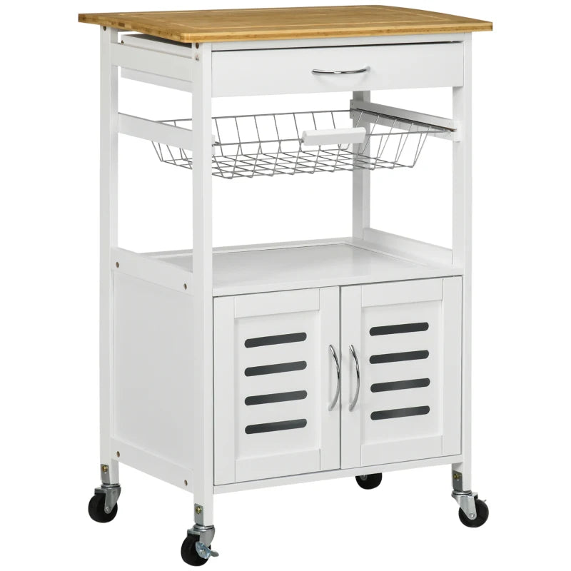 Rolling Kitchen Island Trolley Cart with Bamboo Top, Storage Cabinet, Drawer & Wire Basket - Mobile Utility Cart on Wheels