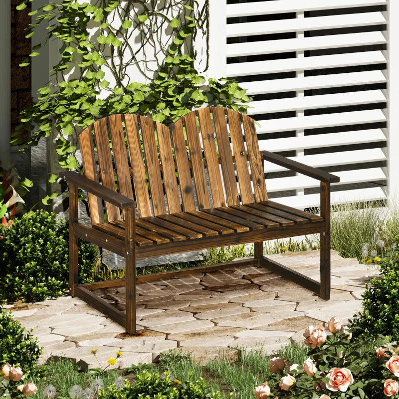 Carbonised Wooden Garden Bench for Two - Outdoor Loveseat Chair with Slatted Backrest and Armrests