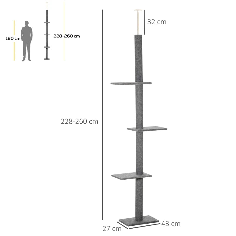 260cm Indoor Cat Tree with 3 Platforms - Grey Floor to Ceiling Activity Centre for Cats