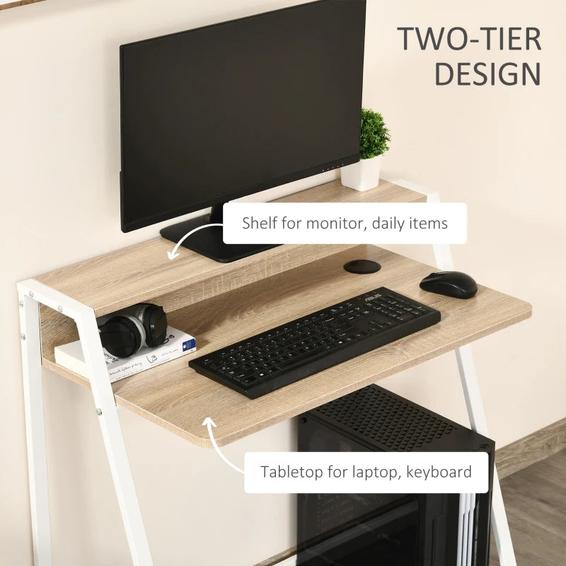 Modern White and Oak Writing Desk - 84L x 45W cm Home Office Computer Table with Storage Shelf for PC & Laptop