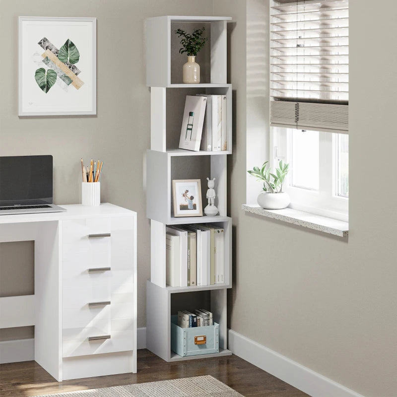 Modern 5-Tier Freestanding Bookshelf - Stylish White & Light Grey Bookcase for Living Room, Home Office, Study Storage